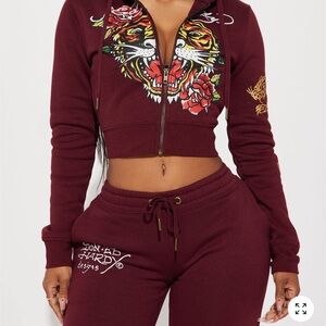 Ed Hardy Burgundy Tiger Tracksuit Maroon & Gold NWT